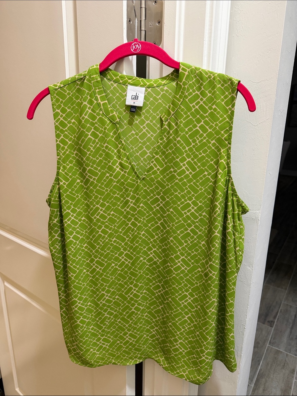 CAbi Cobblestone Top Lime Green Geometric Sleeveless V-Neck